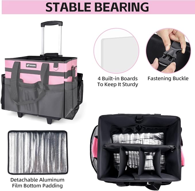 Large Rolling Cleaning Caddy Bag with Wheels, with Detachable Trolley, Cleaning Bags on Wheels for Housekeepers, Cleaning Cart Supplies Organizer for Home, Car, Picnic (Pink) - Image 2