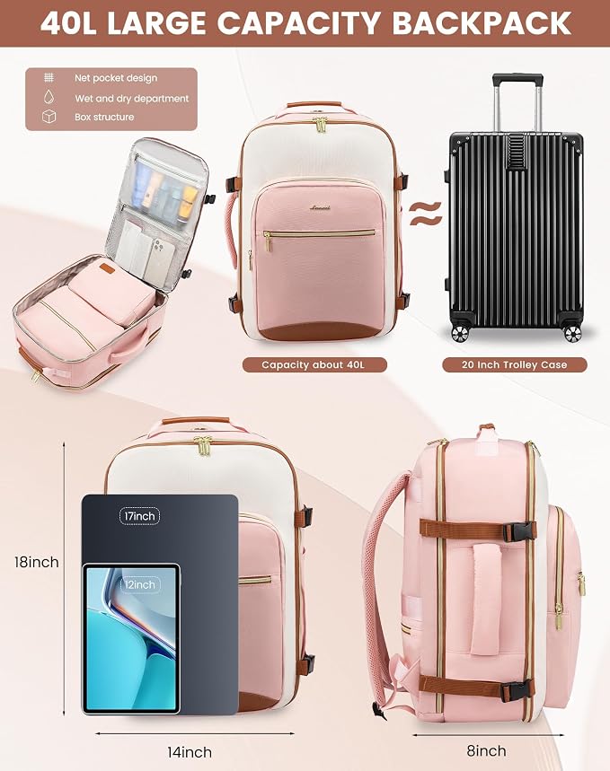 LOVEVOOK 40L Travel Backpack for Women & Men, Airline Approved Carry On Luggage with 3 Packing Cubes, TSA Overnight Bags, Waterproof Personal Item Bag, Weekender Essentials Backpacks fits 17" Laptop - Image 3