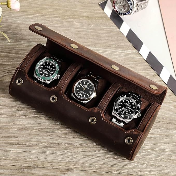 Genuine Leather Watch Roll Travel Case,3 Slots Vintage Full Grain Leather Watch Box with Pillow for Men,Watch Storage Organizer for Home Storage,Gifts - Image 5