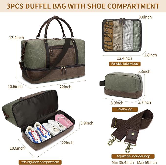Waxed Canvas Duffel Bag with Shoe Compartment | 3-Piece Oversized Weekender Set Genuine Leather Trim Vintage Travel Carry-On Overnight Bag - Image 4