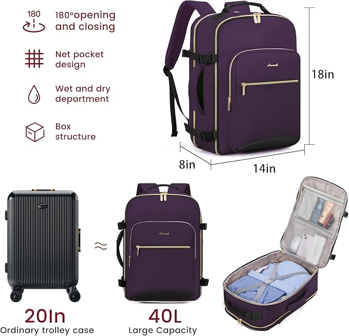 LOVEVOOK 40L Large Travel Backpack for Women Men, 17 Inch Carry on Backpack for Traveling on Airplane, Personal Item Travel Bag Airline Approved, Business Causal Weekender Backpack, Purple-Black - Image 3