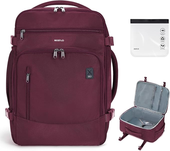 ECOHUB Travel Backpack for Women, 18x14x8 Frontier Airlines Personal Item Bag with Clear Toiletry Bag, Laptop Carry on Backpack with USB Port, Airline Approved Under Seat 14 Pockets 30L, Red by ECOHUB