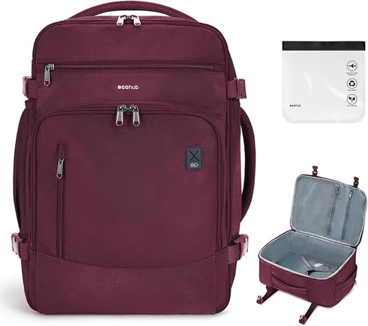 ECOHUB Travel Backpack for Women, 18x14x8 Frontier Airlines Personal Item Bag with Clear Toiletry Bag, Laptop Carry on Backpack with USB Port, Airline Approved Under Seat 14 Pockets 30L, Red by ECOHUB