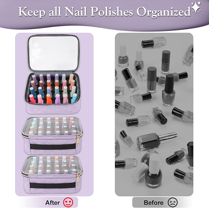 YOREPEK Nail Polish Organizer with 3 Removable Pouches & 72 Slots, Purple | Nail Polish Storage with Multiple Storage Sections for Nail Lamp, Manicure Set, Holds 72 Bottles, Gifts for Manicurist - Image 7