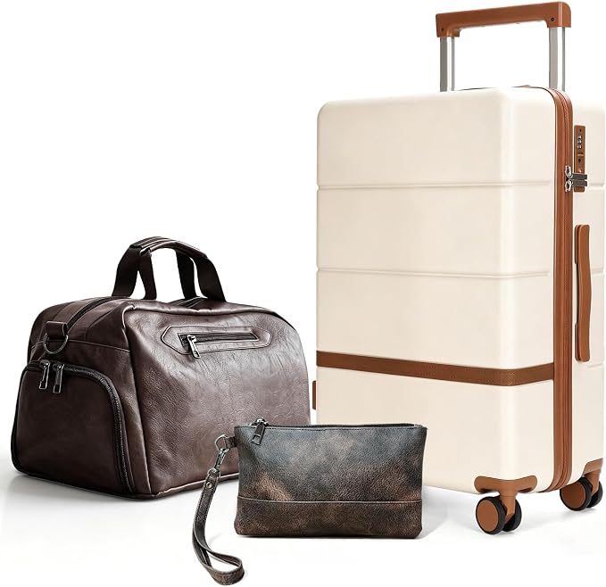 Carry On Luggage Set 3 Piece, 20 Inch Hard Shell Suitcase with Spinner Wheels Vintage PU Leather Weekender Duffel Bag TSA Lock Travel Luggage Combo for Men Women(White) by Maungti