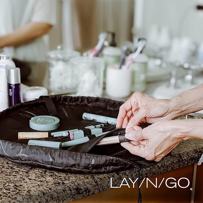 Lay-n-Go Cosmo Lay Flat Drawstring Cosmetic & Makeup Bag Organizer - Zipper Pocket, Brush Loops & Storage - Machine Washable, Toiletry Carrier for Travel, Cinch Closure, Gift (20", Sky Blue) - Image 2
