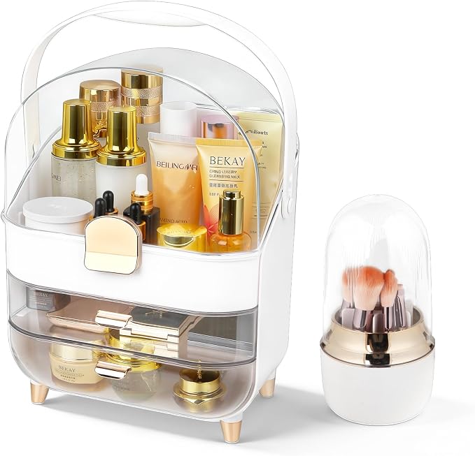 Makeup Organizer with Drawers-Cosmetic Display Case for Vanity-Skincare Organizer with 360 Rotating Brush Holder,Large Storage Box Dresser for Women Gifts, Bathroom Countertop,Gold by Mikoy