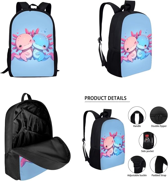 Kawaii Axolotl School Backpack for Girls 10-12 with Lunch Box Salamander Kids Bookbag Lunchbox Elementary Student Book Bag for Girls 8-10/6-8 Lunch Bag Pencil Case Water Bottle Holder Set - Image 2