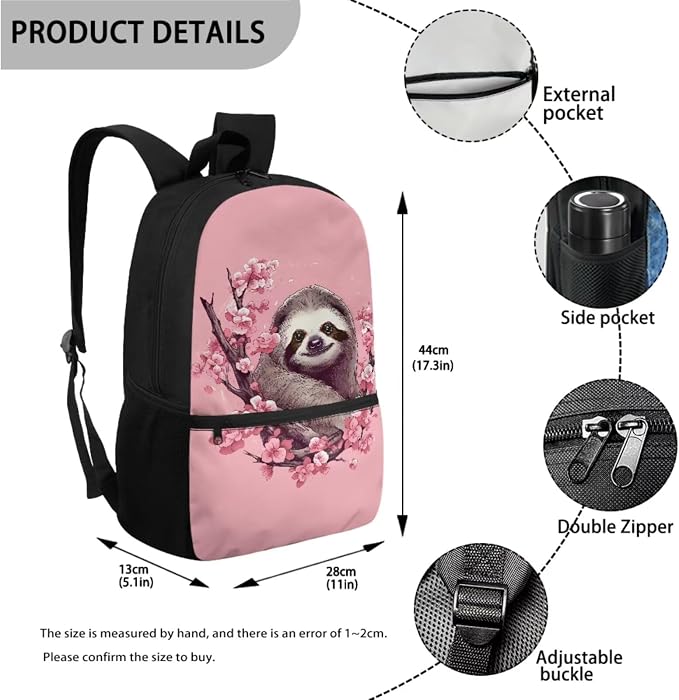 Cherry Blossom Sloth Print Student Backpack Set Lightweight Bookbag Lunch Kits Pencil Case 17 Inch Travel Laptop Computer Backpacks FashionDaypack Rucksack for Hiking - Image 2