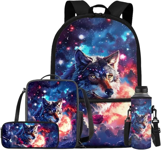 Galaxy Wolf Backpack for Girls Kids Backpack with Lunch Box Water Bottle Carrier and Aesthetic Pencil Case 4PCS Set Bookbag with Front Pocket for School 17 inch Large Capacity School Bag by ELEDIZI
