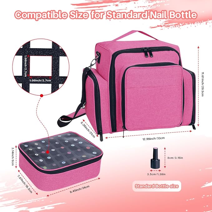 Nail Polish Organizer Case Hold 90 Bottles with 3 Detachable Bag,Red | Portable Travel Storage Box Designed for Women's Nail Tools, Essential Oils and Cosmetics Sets - Image 3