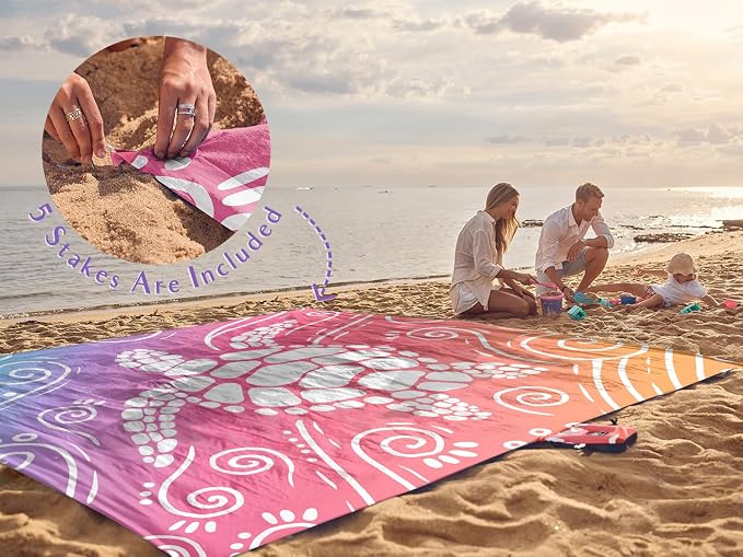 WEKAPO Beach Blanket Waterproof Sandproof Oversized Extra Large Sand Free Beach Mat with Stakes, Storage Bag - Essentials for Outdoor Beach, Picnic (Pinkish Purple Sea Turtle, 11 X 9 FT (1~10 Person)) - Image 6