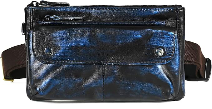 Water Resistant Canvas + Leather Hiking Riding Travel Fanny Waist Pack Small Phone Pouch For Men Women FB811-29 (100% Leather-The 8136 Blue) by Handadsume