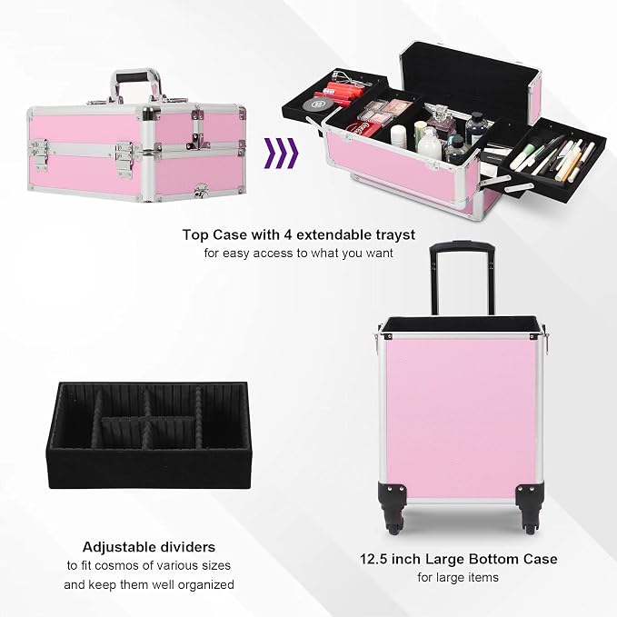 4 in 1 Rolling Makeup Train Case, Large Storage Cosmetic Trolley Makeup Travel Case with Key & Wheels Salon Barber Case Traveling Cart Trunk, Pink - Image 6
