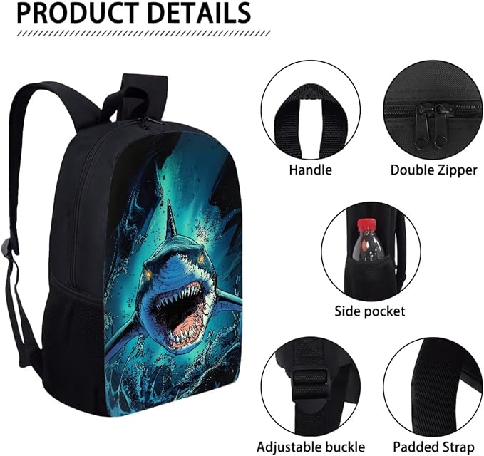 Shark Sea Blue School Bag Set with Reusable Lunch Bag and Pen Bag, Portable Backpack Set for Primary School Students, Large Capacity School Bookbag for Kids - Image 3