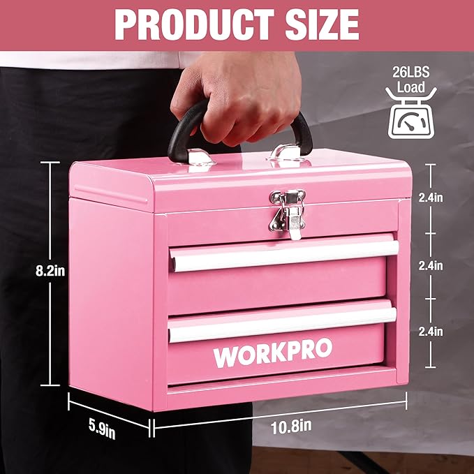 WORKPRO Portable Mini Metal Tool Box with 2 Drawers | Metal Tool Chest, Ball Bearing Slides, Top Storage, Latch Handle, PVC Drawer Liners, PP Feet Pads - Image 2