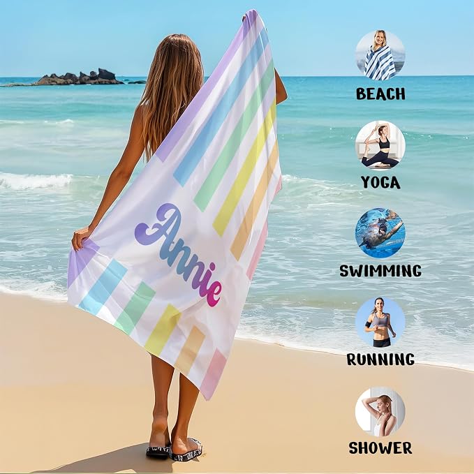 JML Personalized Beach Towel with Name, Custom Rainbow Cabana Stripe Beach Towel, Customized Microfiber Pool Towel, Quick Dry & Absorbent Swim Towel for Adult,Anniversary, Birthday, Summer Holiday - Image 6