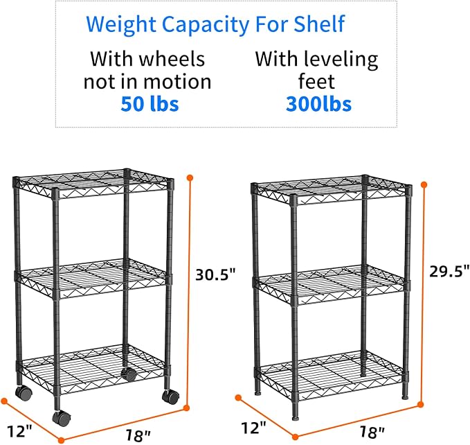 Golpart Small 3 Tier Shelves Storage Wire Shelving Unit Metal Shelf Adjustable Organizers Storage Shelving with Wheels for Bathroom Laundry Room Kitchen Pantry11.7”D x 17.7”W x 30.7”H Black - Image 3