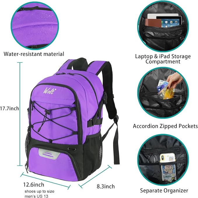 WOLT Basketball Backpack Large Sports Bag with Separate Ball Holder & Shoes Compartment, Best for Basketball, Soccer,Gym - Image 2
