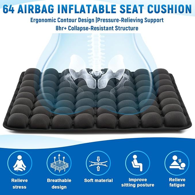 2 Pack Inflatable Travel Seat Cushion with Air Pump Storage Bags 64 Bubbles Upgrade Ergonomic Pressure Relief Airplane Seat Cushion for Long Flights Office Car Portable Lightweight Comfort Cushions - Image 3