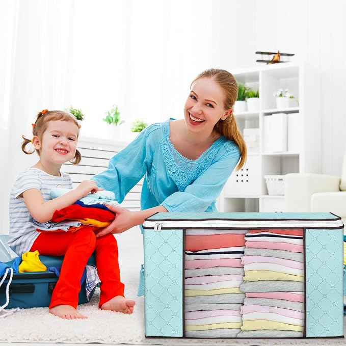 90L Large Storage Bags, 6 Pack Clothes Storage Bins Closet Organizers | Foldable Storage Containers, with Reinforced Handle, for Clothing, Blanket, Comforters, Bed Sheets, Pillows and Toys,Blue - Image 6