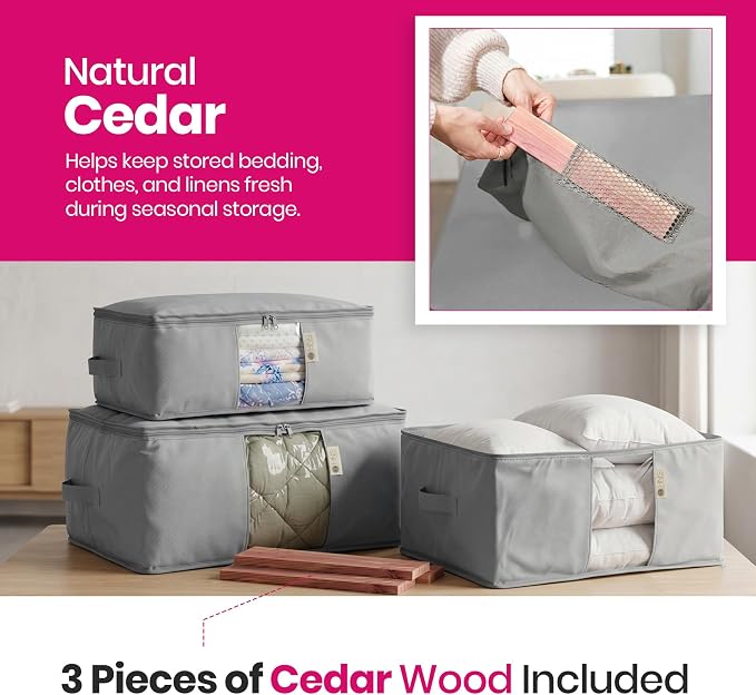 Cedar Storage Bag Organizer for Bedding Set - Protects from Moths, Moisture, Dirt & Dust - Set of 3 Storage Bags for Bed Sheets, Comforter, Pillows & More - Space-Saving Bedding Organizer, Gray - Image 4