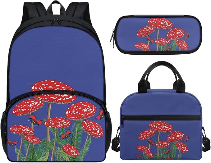 Blue Mushroom Backpack with Lunch Box and Pencil Case Girls Comfy Padded Cute School Backpack Set of 3 Bookbag for Student Lightweight Large Capacity Daypack - Image 2