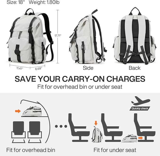 mixi Travel Backpack for Women Men, 18 Inch Carry On Laptop Backpack Flight Approved fits 16'' Laptop, Lightweight Waterproof Hiking Backpack Travel Outdoor Business Casual Daypack, Light Gray - Image 5