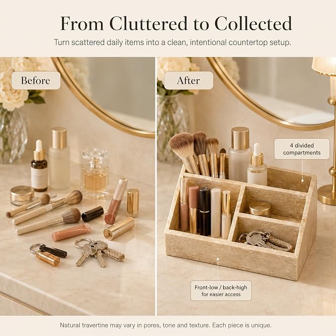 Travertine 4-Compartment Desk Organizer, Beige | Natural travertine with 4 compartments for pens, makeup brushes, skincare bottles, office supplies and vanity items - Image 5