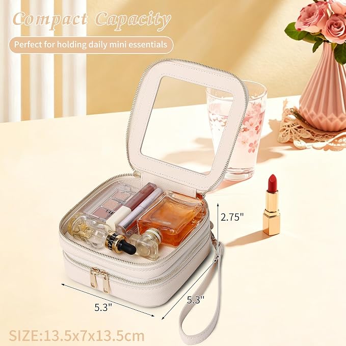 Pinkmik Double Layer Makeup Bag Small Clear Makeup Pouch Mini Travel Cosmetic & Toiletry Bag Purse Organizer and Car Essentials for Women (Beige, 2-Layer MINI) - Image 4