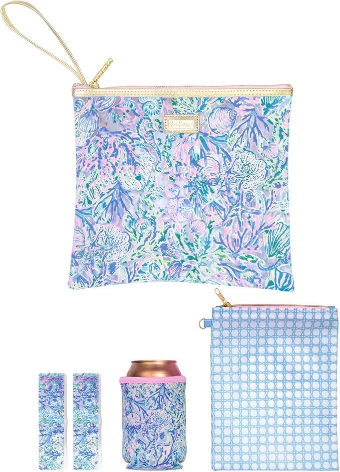 Lilly Pulitzer Water Resistant Vinyl Beach Day Pouch, Zipper Bag Includes Drink Hugger, Small Pouch, and Towel Clips by Unknown