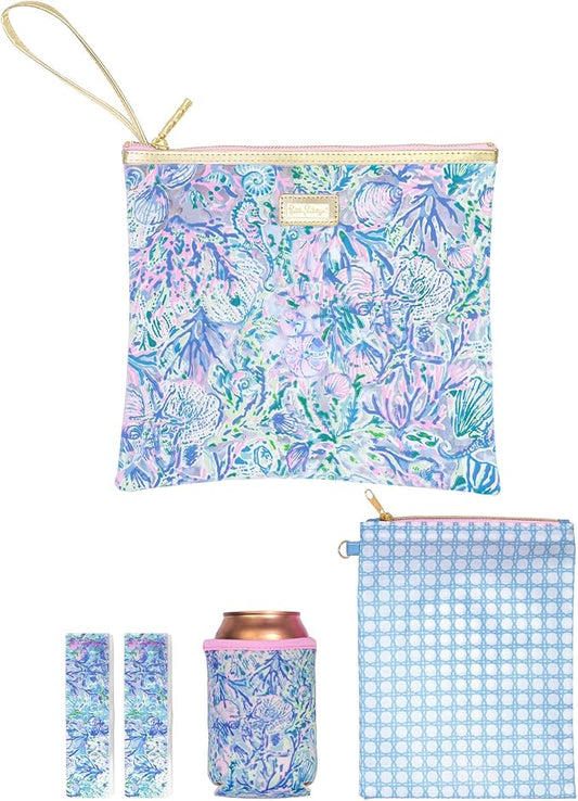Lilly Pulitzer Water Resistant Vinyl Beach Day Pouch, Zipper Bag Includes Drink Hugger, Small Pouch, and Towel Clips by Unknown
