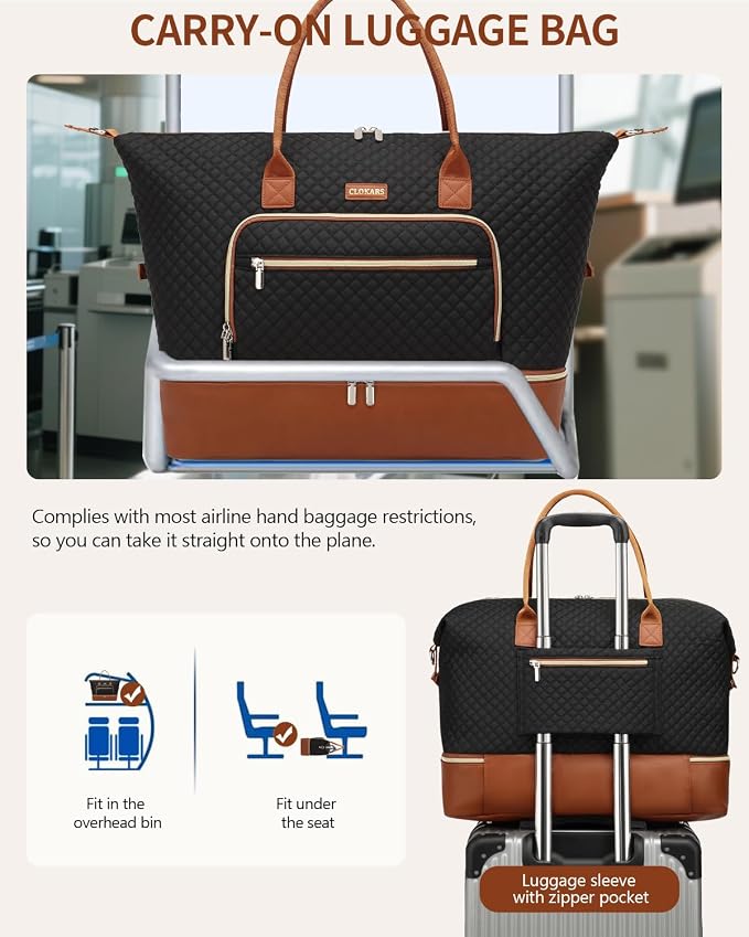 Weekender Bags for Women, Travel Duffle Bag Carry On Overnight Bag with Cosmetics Bag and Crossbody Purse for Gym Hospital, Gifts for Women, Black Brown - Image 7
