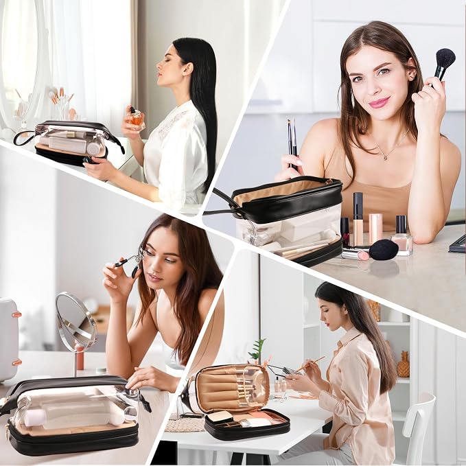 Abiudeng Large Capacity Makeup Bag Ladies Cosmetic Bag Travel Bag with Compartments Portable PU Leather Travel Makeup Bag with Handle - Image 3
