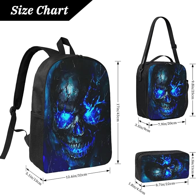 Skull Kid Backpack Set with Lunch Bag & Pencil Case Large Capacity School Bag 17 Inch Bookbag for Boy Girl - Image 3