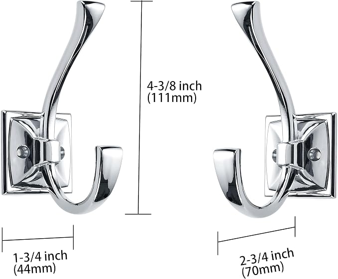 Large Wall Hooks - 2 Pack Polished Chrome Coat Hooks for Hanging Coats, Towels, Robes - 4.35 Inch Double Wall Mounted with Screws for Keys, Bags, Cups, Hats - Image 2
