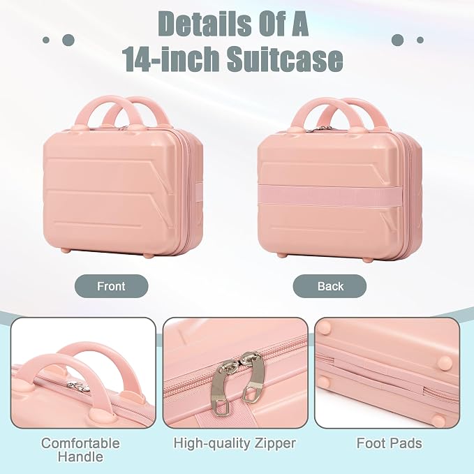 GDFStudio 14/20 Inch 2 Piece Luggage Set with Cosmetic Bag,ABS Hard Shell Spinner Suitcase with Combination Lock,360° Silent Wheels,Retractable Handle, Carry On Travel Luggage with Vanity Case,Pink - Image 7