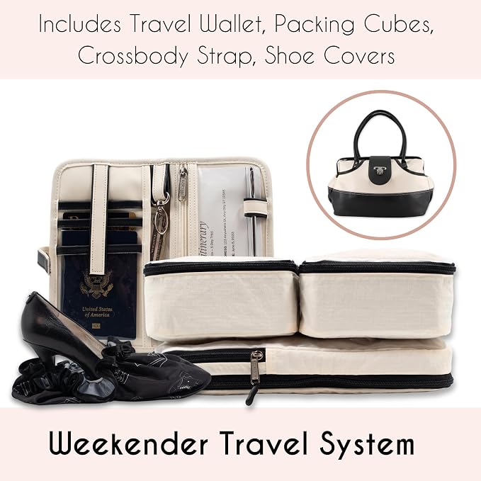 BORSALI Duffel Bag for Women, Vegan Leather Travel Set, RFID Wallet, Cream | Travel Carry On Duffel, Vegan Leather Personal Item, RFID- Blocking Travel Wallet Included, Packing Cubes & Shoe Covers - Image 2