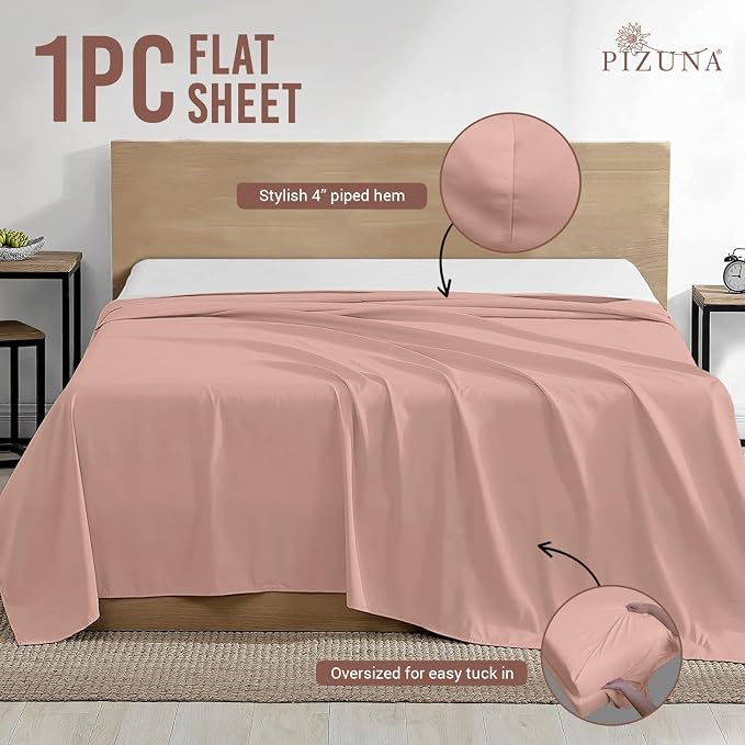 Pizuna Pure 100% Cotton Flat Sheets Only King Misty Rose (1 PC), Luxurious 400 Thread Count Long Staple Cotton Sateen with 4" Hem (Combed King Flat Sheet Only Cotton) - Image 3
