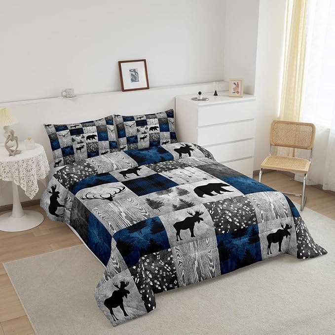 Bear Bedding Set Twin for Teens Boys,Buffalo Plaid Check Comforter Set Cabin Lodge Decor,Wild Animal Elk Antler Pattern Duvet Quilt Insert,Rustic Deer Patchwork Down Comforter 2pcs Blue Grey - Image 3