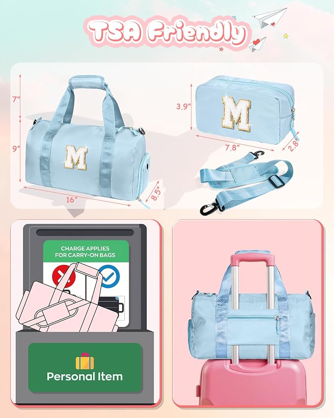 Tween Girls Trendy Stuff-Girl Gym Bag with Shoe Compartment, Kid Personalized Weekender Overnight Bags, Initial Travel Tote with Makeup Pouch, Gift for 3 4 5 6 7 Year Old Kids (Letter T) - Image 3