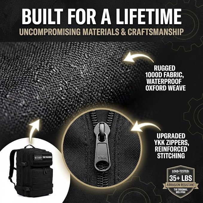 WOLFpak 35L Tactical Gym Backpack (Alpha Black White Accents) Durable 1000D Waterproof Oxford Material with MOLLE Webbing, Laptop Pocket & Dual Cup Holders, Durable Fitness/Travel/Military Daypack - Image 3