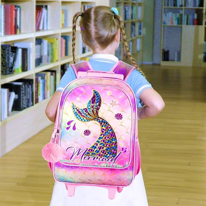 HPJGD 3PCS Mermaid Rolling Backpack for Girls, Kids School Backpacks with Wheels, Water Resistant UV Printed Roller Wheeled Bookbag Set with Lunch Box - Image 2