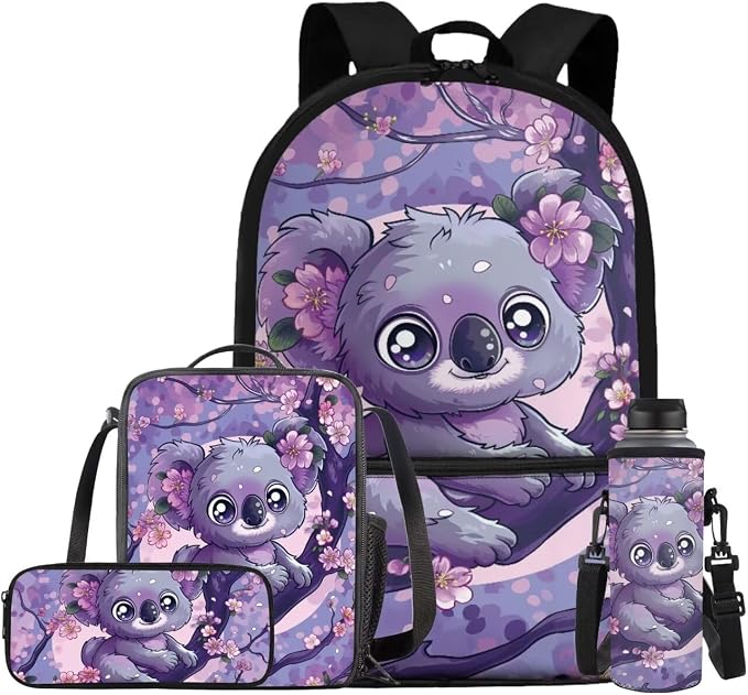 Purple Koala Backpack and Lunch Box for Girls Preschool Middle School Bag with Pencil Case and Water Bottle Holder Lightweight Student Bookbag for Kids Back to School Gifts by Bivxisrvo