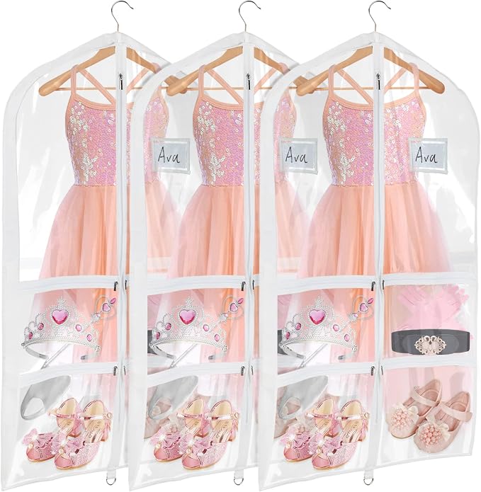 Univivi Clear PVC Dance Costume Bags (3 Pack) Garment Bag 40 Inch for Dance Competitions, with 4 Medium Clear Zipper Pockets and 1 Large Back Zippered Pocket [Upgraded Version] by Univivi