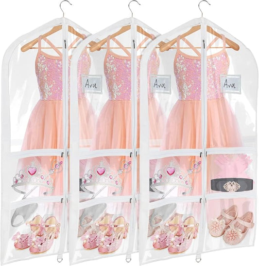 Univivi Clear PVC Dance Costume Bags (3 Pack) Garment Bag 40 Inch for Dance Competitions, with 4 Medium Clear Zipper Pockets and 1 Large Back Zippered Pocket [Upgraded Version] by Univivi