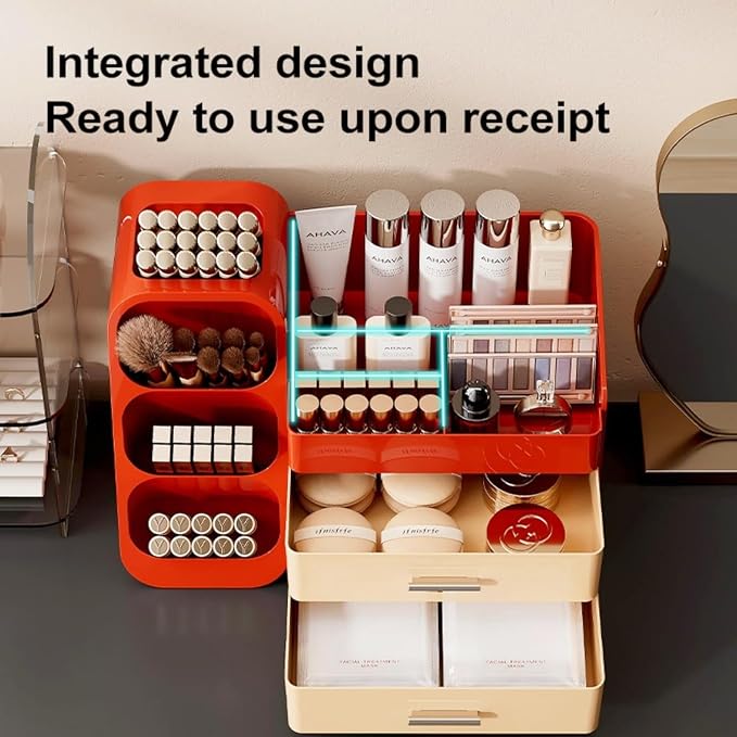 Makeup Organizer with Drawers,Large Capacity Countertop Organizer for Vanity,Bathroom and Bedroom Desk Cosmetics Organizer,Easy To Storage Skincare,Brushes,Lotions (Red and Cream) - Image 6