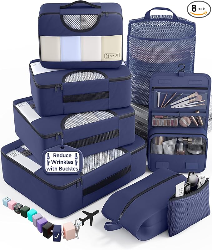 Veken 8 Set Packing Cubes for Travel Essentials,Anti-Wrinkle Buckled Suitcase Organizer for Shoe & Toiletry Bag,Carry On Luggage Bag with 99+ Count Mesh Holes for Airplane & College Dorm Accessories by Veken