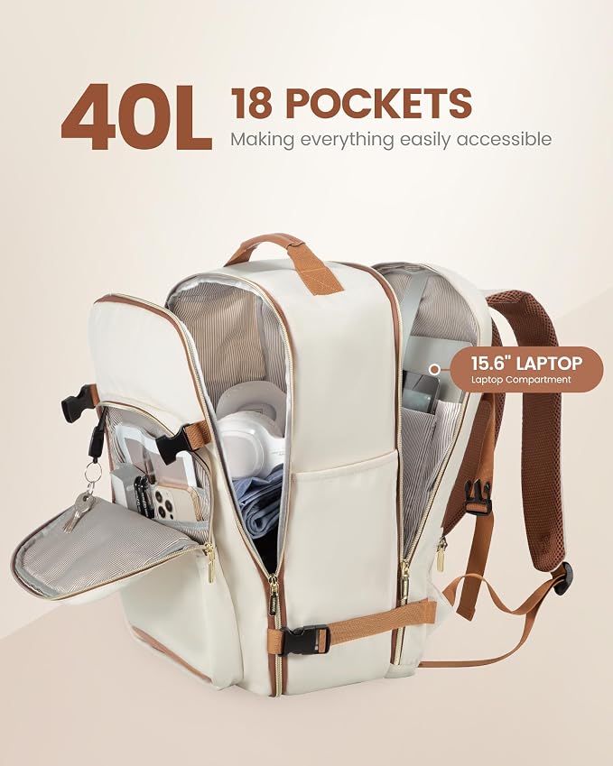 LOVEVOOK Travel Backpack for Women & Men 40L,Airline Approved Carry On Backpack Travel Essentials,TSA Carry on Luggage,Waterproof Personal Item Travel Bag,Suitcase with 3 Packing Cubes,Beige-Brown - Image 3