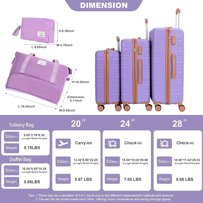 Luggage Sets 3 Piece,Suitcases with Double Spinner Wheels and TSA Lock,Hardcase 5 set Luggage with Travel Duffel Bag,Carry On Luggage Set - Image 3